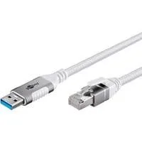 Ethernet-Kabel USB-A 3.2 Gen1 Stecker > RJ-45 Stecker, LAN-Adapter weiß, 2 Meter, geflochtener Textilmantel