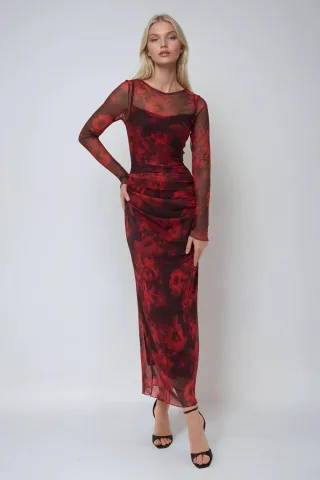 Blumendruck Bodycon Maxikleid aus Mesh