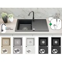 Faizee Möbel Granitspüle Granitspüle 75×43,5 cm, Spülkorb, Armatur wählbar, Einbauspüle, Beidseitig montierbar, kratzfest, hitzebeständig bis 280 °C, pflegeleicht, mit verstellbarem Spülkorb, (Spüle mit Spülkorb, Granitspüle 75×43,5, Spülkorb, Siphon