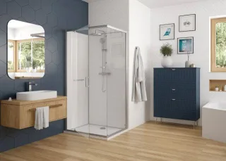 Hoesch Duschabtrennung nUnity Eckversion 900x900 mit Flügeltüren und Armatur inklusive Duschwanne au 8629430.101401