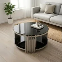 STILVORA Couchtisch Wohnzimmertisch Runder Sofatisch mit Doppelglas Top für Wohnzimmer (rund, Glas, schwarz, goldenes Gestell, Wohnzimmer, gehärtetes Glas, Doppelglas, 2 Ebenen, Edelstahlrahmen), kratzfest, pflegeleicht, runde Form, luxuriös