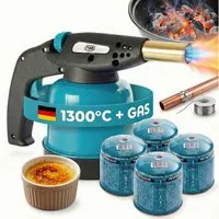 TOM Flambierbrenner Lötbrenner Bunsenbrenner Set optional 4x 190g Gaskartuschen Gasbrenner, (5-tlg), 1300°C, Piezzozündung, 94,5 g/h, 1300W