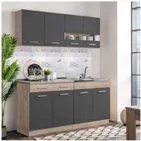 Homestyle4u Küchenzeile 160 cm ohne Geräte klein Einbauküche Grau matt Eiche Glas Braun, (Oberschränke, Unterschränke, Arbeitsplatte, Singkleküche), Küchenblock, Singleküche