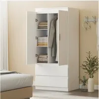 HOMCOM Kleiderschrank 2 Soft-Close-Türen, 2 Schubladen, Kleiderstange und 3 Einlegeböden (Garderobenschrank, 1-St., Schlafzimmerschrank) für Schlafzimmer, Weiß