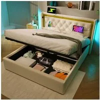 Flieks Polsterbett, Hydraulisches Doppelbett 160x200cm mit Ladefunktion und LED-Beleuchten