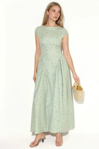 Boot-Ausschnitt Blumen-Jacquard Maxi-Kleid