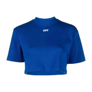 Off White - kurzes T-Shirt für Damen, gerippt (Blau)
