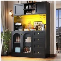 Odikalo Küchenbuffet Küchenschrank Buffetschrank mit LED-Lichtleiste & Getränkehaltern (120x40x188cm, Landhausstil, 4 Türen, Schwarz/Weiß)