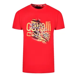 Cavalli Class Geschnittenes Tiger-Print Fett-Logo Rotes T-Shirt