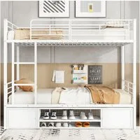 Flieks Etagenbett, Kinderbett Metallbett 90x200cm mit Schuhregal, Lagerschrank und Leiter