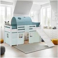 Homestyle4u Hochbett Kinderbett 90x200 Spielbett Kiefer Jungen Weiß Grün Mint Vorhang (Komplett-Set mit Lattenrost, mit Rutsche, mit Tunnel, Matratze mit OEKO-TEX® Standard 100) mit Rausfallschutz, Junge Spielbett