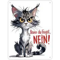 speecheese Metallschild Grimmige Katze Metallschild XL in 21x28 cm mit Spruch Bevor du NEIN!