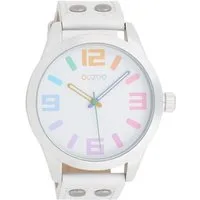 OOZOO Quarzuhr Uhr C1085 Unisex XXL 46 mm Weiß bunt Lederarmband Quarz Oversize C1085