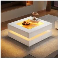 OKWISH Couchtisch Weißer LED-Couchtisch mit Glastischplatte und 3 Schubladen. (Couchtisch mit Glastischplatte, 3 Schubladen, 1-St., mit LED-Leuchten, 3 Schubladen, Sofatisch), Couchtisch mit Glastischplatte