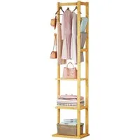 Yorbay Kleiderständer Garderobenständer aus Bambus Garderobe mit Kleiderstange, 3 Ablagen,2 Haken für Kleidung, Hüte, Taschen, Flur