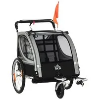 HOMCOM Fahrradkinderanhänger 2 in 1, klappbar, mit abnehmbarem Vorderrad, Hinterradbremsen, für 2 Kinder ab 18 Monate, bis 26,4 kg belastbar, Grau
