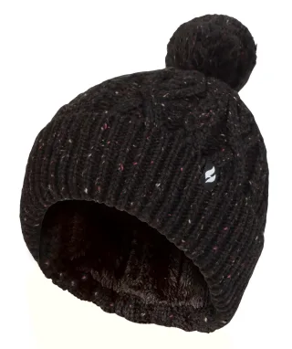 Damen Pom Pom Bommelmütze | Wärmehalter | Modische Chunky Warm Cable Knit Beanie mit Heatweaver Fleece Futter | Salzburg Style - Black