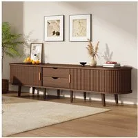 STILVORA TV-Schrank mit 2 Schubladen,TV-Schrank mit offene Regale&runder Tischplatte,MDF (Wohnzimmermöbel, TV-Panel, Fernsehschrank, Mehrzweckschrank, 2 Schiebetüren, 2 Schubladen) mit geschwungene, vertikal geprägte Schiebetür