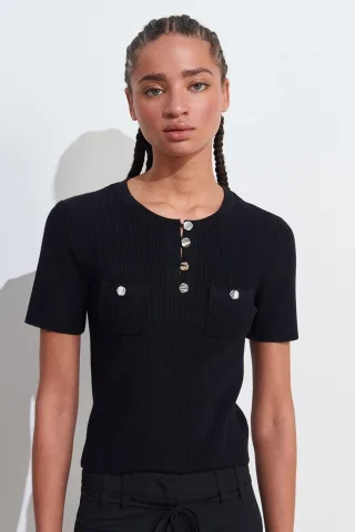 Rippstrick-Bluse mit Knopfdetails