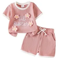 Lapastyle T-Shirt & Shorts Baby Casual Outfit Set, aus Waffelgewebe mit gestrickter Applikation (Set, 2-tlg) Outfit im Color-Blocking-Stil, für Loungewear, Alltag, Spazieren gehen