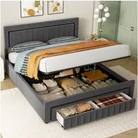 HAUSS SPOLE Polsterbett als Einzelbett und Doppelbett erhältlich,Stauraumbett mit Schubladen (160×200 Doppelbett Boxspringbett Jugendbett mit Stauraum und Lattenrostkonstruktion), Funktionbett mit Lattenrostkonstruktion,mit Matratze