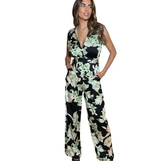 AX Paris - Jumpsuit für Damen, V-Ausschnitt, Ärmellos (Schwarz/Grün)
