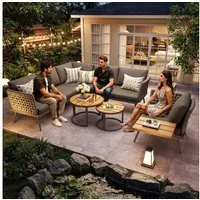 Odikalo Gartenlounge-Set Gartenmöbel L-förmiges Inkl. 2 Holz-Couchtische & Sessel, (mit handgeflochtenen Armlehnen / Wetterfeste Eckgarnitur aus Eisen / Mit Polstern)