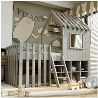 Merax Hochbett 90x200cm mit Ablageflächen, Leiter und Schutzzaun (1-St) Kinderbett mit Dach und Fenster, Spielhaus Jugendbett mit Stauraum