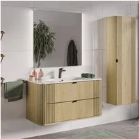 Lomadox Badmöbel-Set OLIVA-56, (Spar-Set, 3-St., Waschtisch Hochschrank Spiegel), Eiche Rillen Keramik Waschbecken Metallgriffe modern LED Beleuchtung