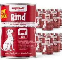 Supravit Nassfutter für Hunde 12 x 410g Dosen - Schmackhaftes Hundefutter nass Rind, Nassfutter für: Hund