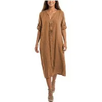 dy_mode Hemdblusenkleid Damen Leinenkleid Midi Hemdblusenkleid mit V-Ausschnitt Freizeitkleid in Unifarbe, V-Ausschnitt, mit seitlichen Eingriffstaschen