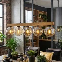 hofstein Hängeleuchte Hängelampe aus Metall/Holz/Glas in Schwarz/Natur-/Bernsteinfarben, moderne Pendelleuchte im Retro/Vintage-Design mit Holzbalken, 5 x E14