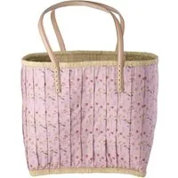 rice Shopper Raffia Shopper Blumen Rosa L mit Lederhenkeln & Innenfächern