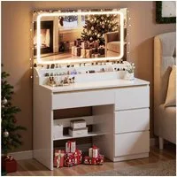 Furnicopia Schminktisch Mit dreifarbiger LED-Beleuchtung, Abmessungen 80 × 40 × 137 mm (Helligkeit einstellbar, mit vier Schubladen und sechs Staufächern, zwei USB-Ladeanschlüssen, zwei Steckdosen und einer Haartrocknerhalterung, in modernem Stil)