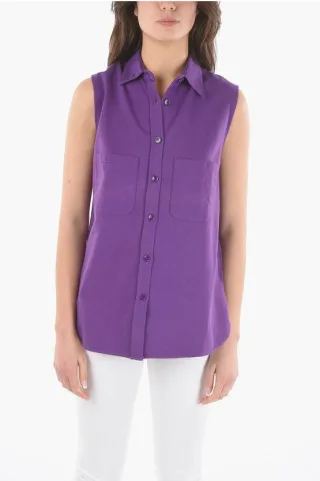 Ärmelloses Maxi-Shirt aus Baumwolle mit doppelten Brusttaschen in Violett