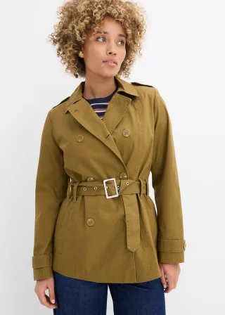 bonprix Kurzer Trenchcoat, grün, Gr.50, Kurzer Trenchcoat aus Baumwolle mit Bindegürtel, aus 100% Baumwolle