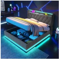 Flieks Polsterbett, LED Hydraulisches Stauraumbett Doppelbett 140x200cm mit Ladefunktion