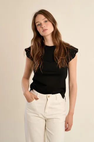 molly bracken - T-Shirt mit Lochstickerei an den Ärmeln schwarz - Gr. - M