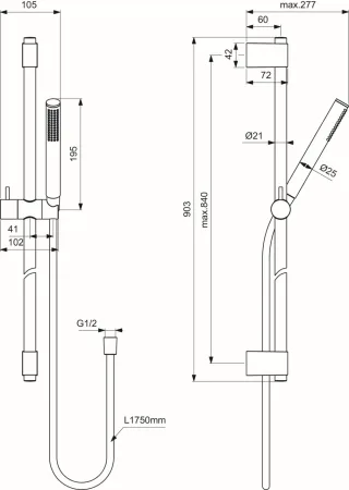 Ideal Standard Brausekombination Idealrain 900mm Stick-Handbrause Schlauch:1750mm Magnetic Grey, A7 A7617A5
