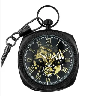Mechanische, quadratische, offene Taschenuhr im Vintage-Stil aus Schwarzgold