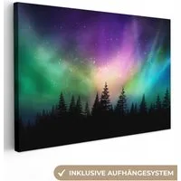 OneMillionCanvasses® Leinwandbild Nordlicht - Sternenhimmel - Wald - Kanada, Fotodruck (1 St), Leinwand Bilder Klein, Wand Dekoration Aesthetic 30x20 cm