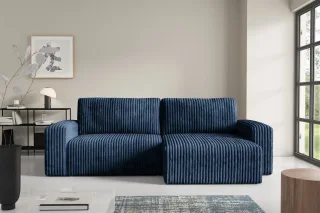 Ecksofa mit Schlaffunktion NATALIA in Stoff Tilia Dunkelblau Ottomane Rechts