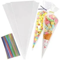 FOUORTUNATE-BEE Geschenkfolie 100 Spitzbeutel für Süßigkeiten mit bunten Punkt-Zipbändern, (100St), Ideal für Süßigkeiten, Kekse und Backwaren
