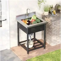 Flieks Outdoor-Küchenmodul Küchenspüle Edelstahl-Spülbecken mit Wasserhahn und Abfluss (Garten-Waschtisch mit höhenverstellbarer Füßen, 1-St) Outdoorspüle Gartenspüle Campingspüle Messespüle mit Ablagen Schwarz