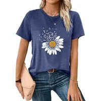 PYLIKE Print-Shirt Bequemes Shirt Damen Kurzarm Basic-Shirt mit Gänseblümchen Print Bequem für Freizeit und Büro,Strandurlaub
