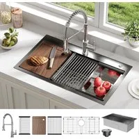 GarveeMore Edelstahlspüle Edelstahl Spülbecken – Einbauspüle, 5-teiliges Set, rechteckig, 75/45 cm, mit ausziehbarer 304 Federarmatur, Schwarz