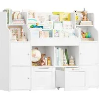Homfa Kinderregal Spielzeugtruhe mit 2 Schubladen auf Rollen Bücherregal, Kinderbücherregal Spiegelregal mit Tür 126x104x30 cm weiß
