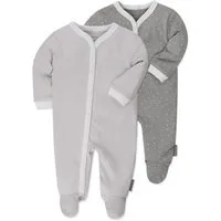 LaLoona Schlafanzug Grau Uni / Punkte Baby Schlafanzug Set - 2X Schlaf Strampler mit Füßen, 100% Baumwolle
