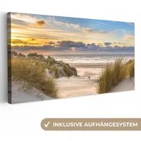OneMillionCanvasses® Leinwandbild Panorama Strand - Düne - Gras - Sonnenuntergang - Meer, Fotodruck (1 St), Wandbild, Deko Schlafzimmer Wohnzimmer Flur 40x20 cm