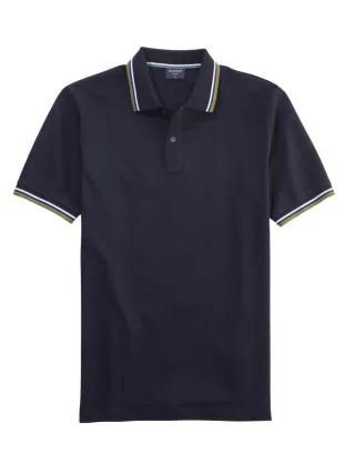 OLYMP - Poloshirt im Casual Fit mit gestreiftem Kragen blau - Gr. - L